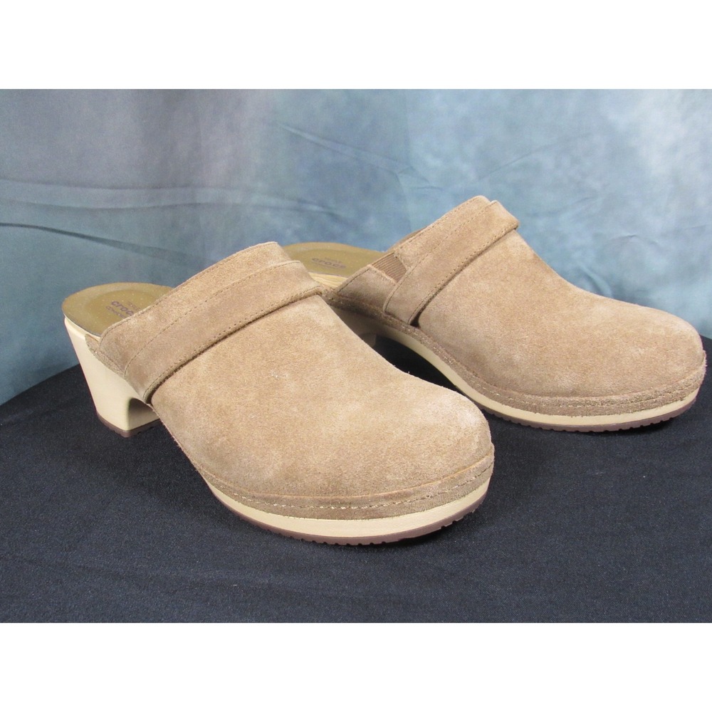 Crocs Leigh Suede Wedge Mules Tan Block Heel Clogs Womens 10